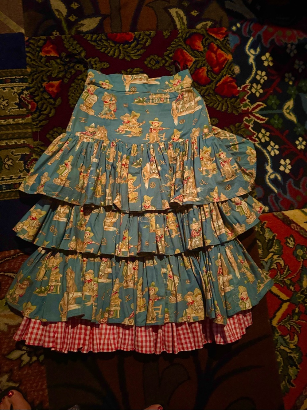 Vintage-Inspired Baby Cowboy Print Tiered Midi Skirt in Turquoise Blue 6 - Picture 1 of 7
